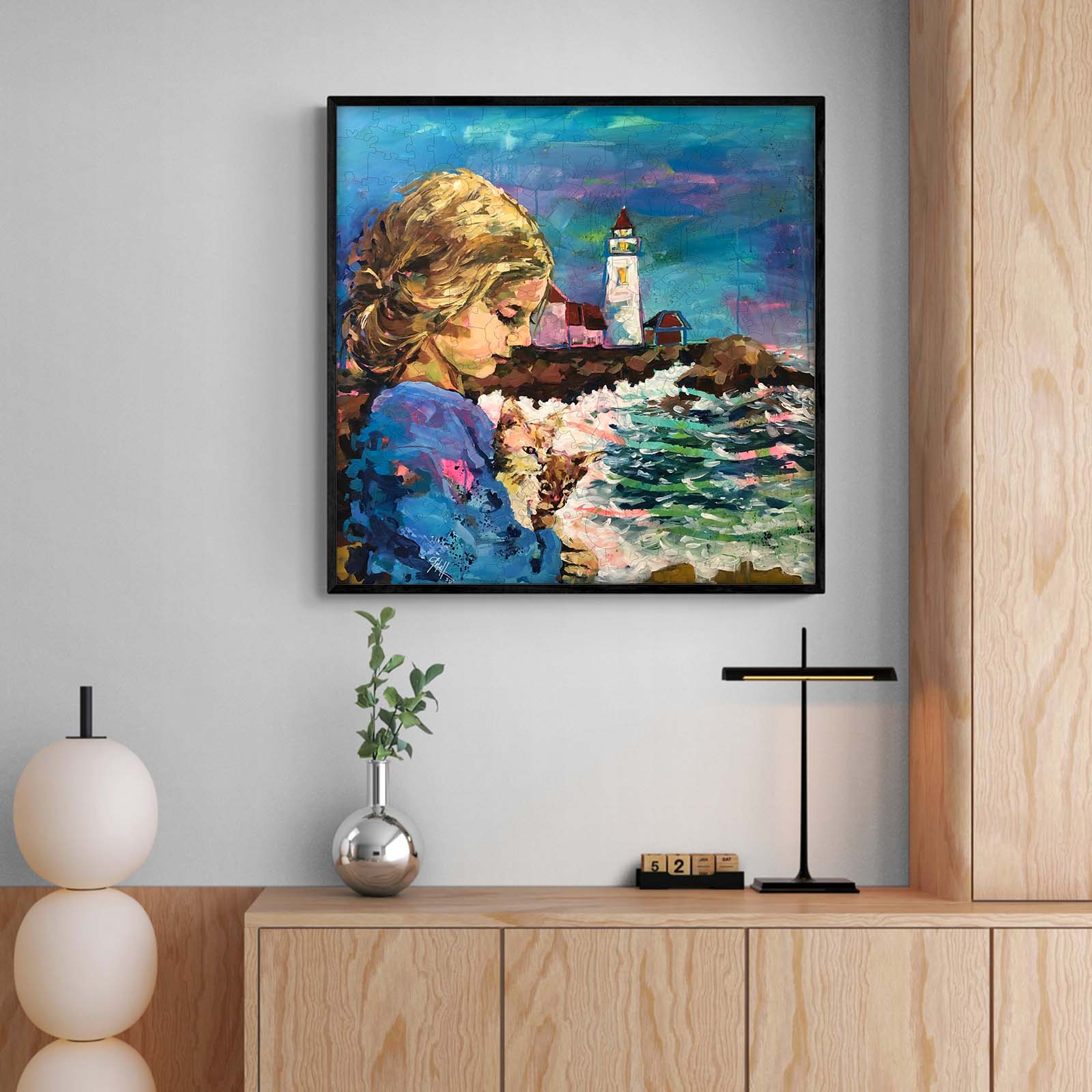 Colorful painting 'Rescue' by artist Arlet Gomez, featuring a girl by the water, a lighthouse in the background.