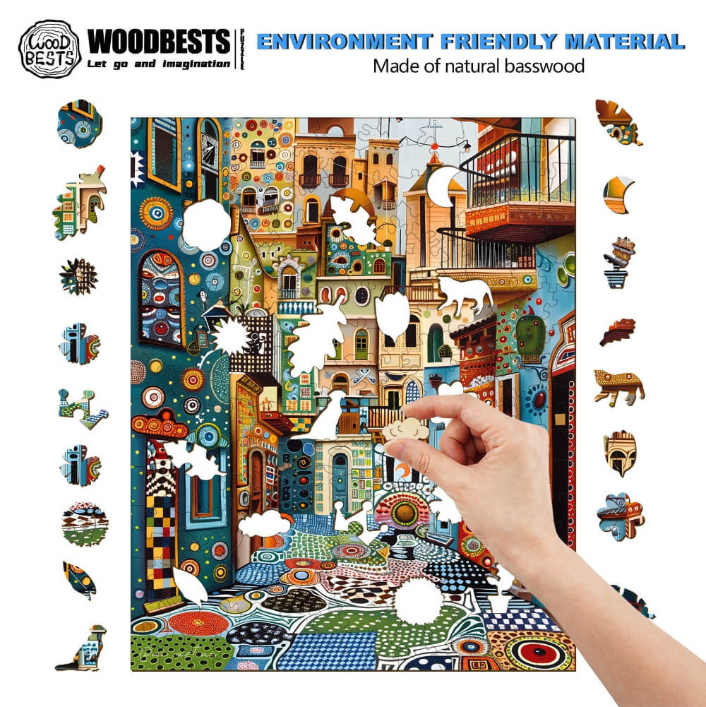 Vibrant jigsaw puzzle pieces being assembled, showcasing colorful designs and natural basswood material.