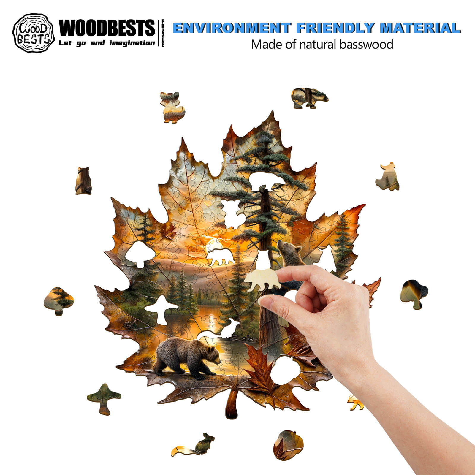 Hand assembling Autumn Brown Bear wooden jigsaw puzzle shaped like a maple leaf, depicting serene nature scene.