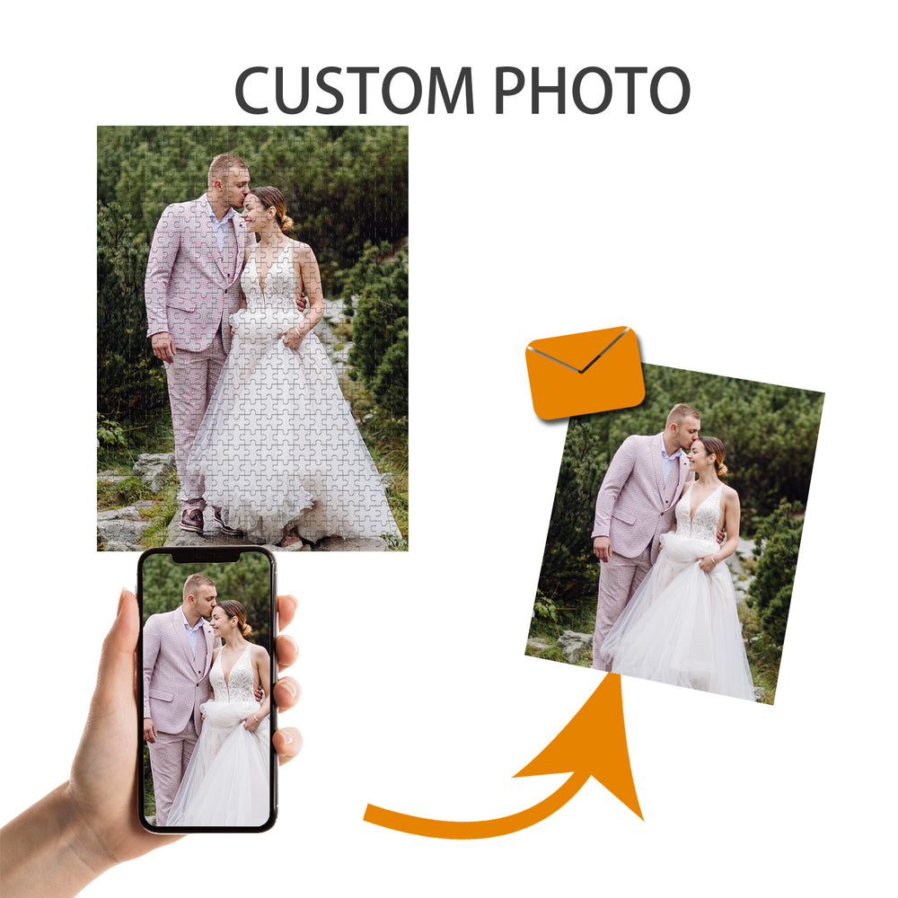 Personalized wedding photo puzzle featuring a couple in formal attire on a scenic background.