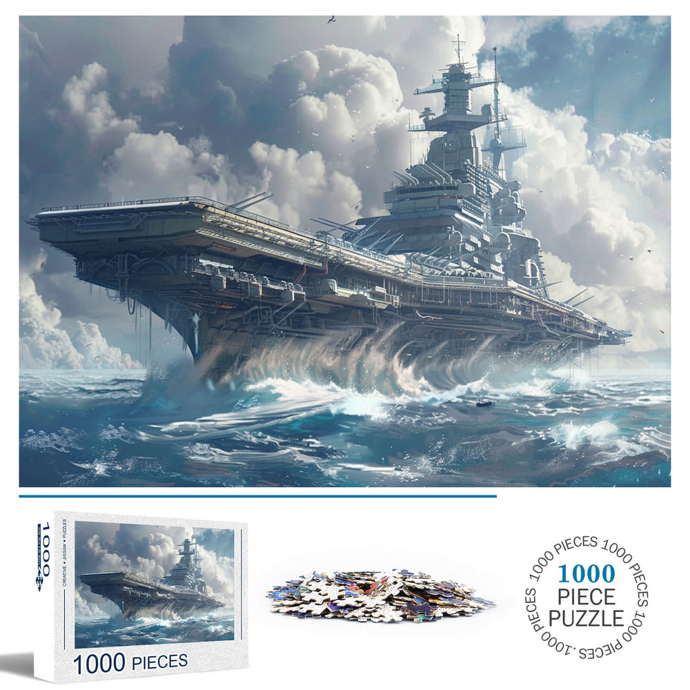 Aircraft Carrier 1000 Piece Puzzle showcasing a majestic warship scene with puzzle pieces featured.