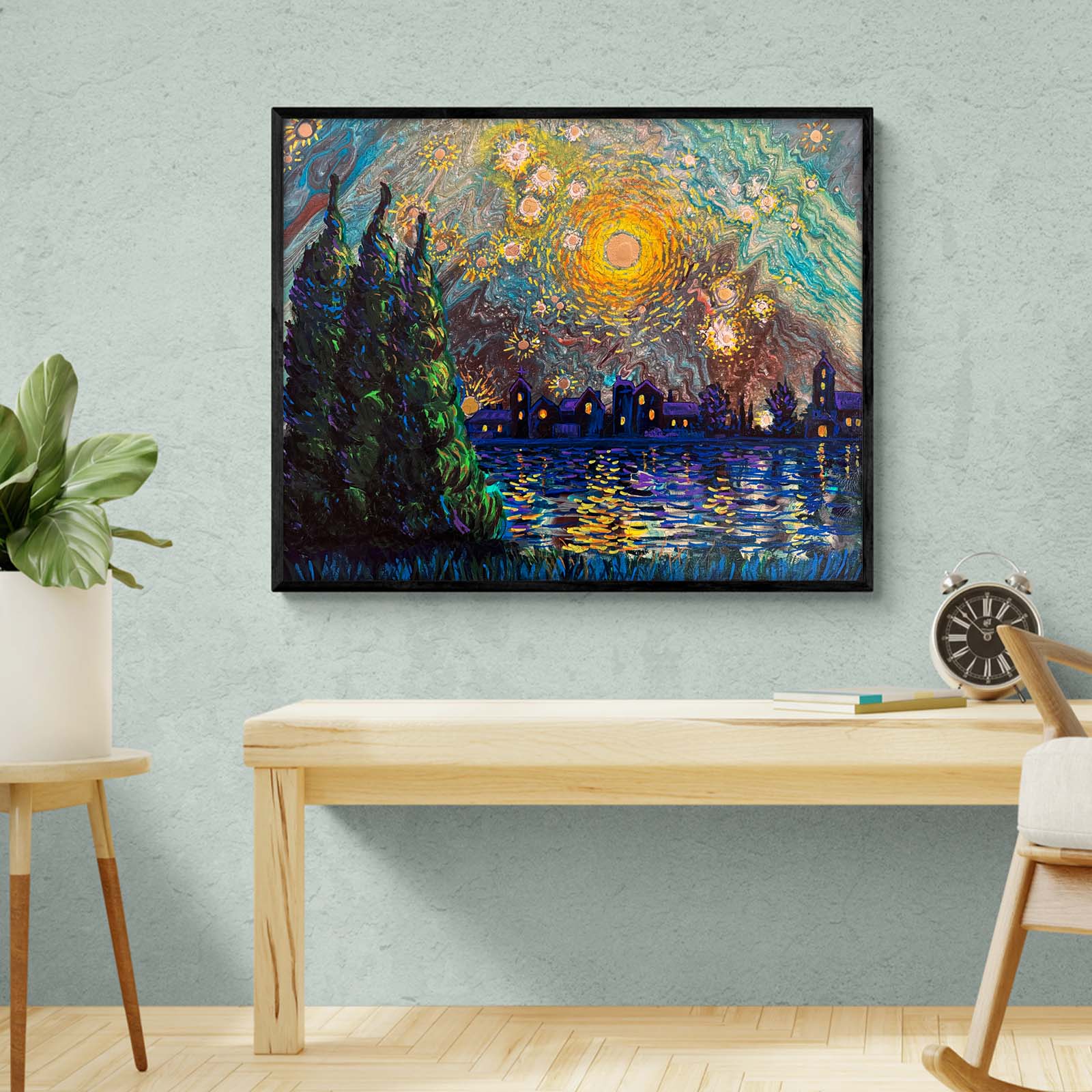 Starry Night by Nicholas John VARDAXIS displayed in a modern interior setting, showcasing vibrant colors and artistic flair.