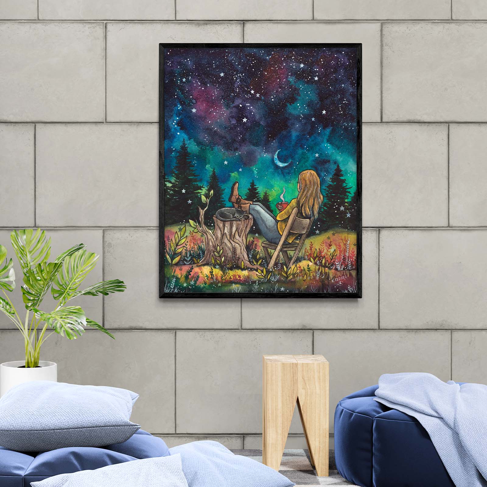 Art print 'With The Stars' by Kathryn Fedora, depicting a serene woman stargazing from a chair in a vibrant landscape.