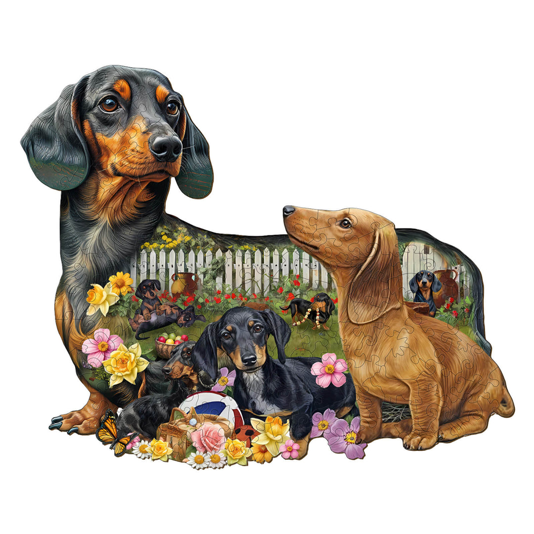 Whimsical Puppy Garden Wooden Jigsaw Puzzle featuring adorable dachshunds among flowers and playful scenes.