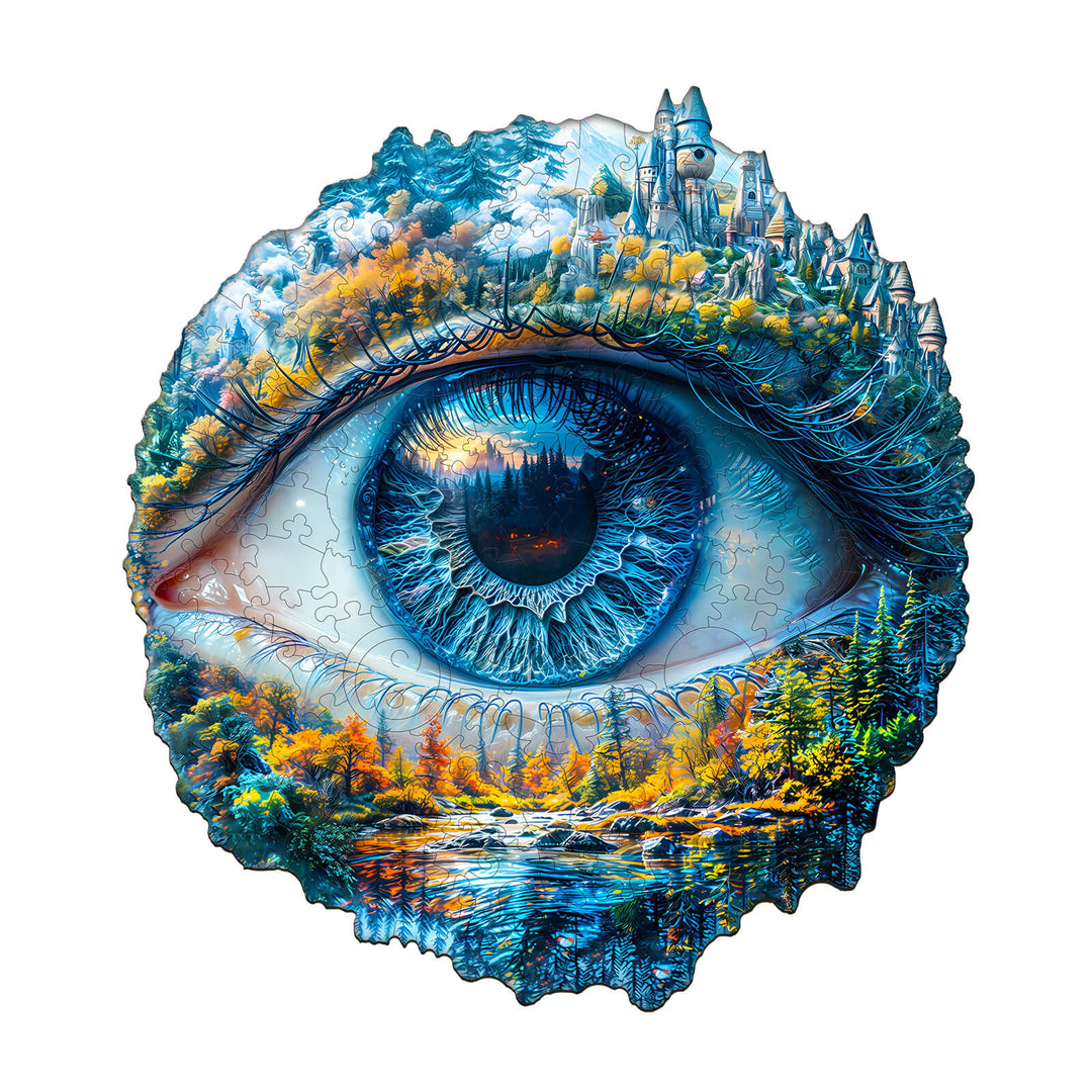 Eye of Nature wooden jigsaw puzzle featuring a detailed eye design with vibrant landscape scenery.