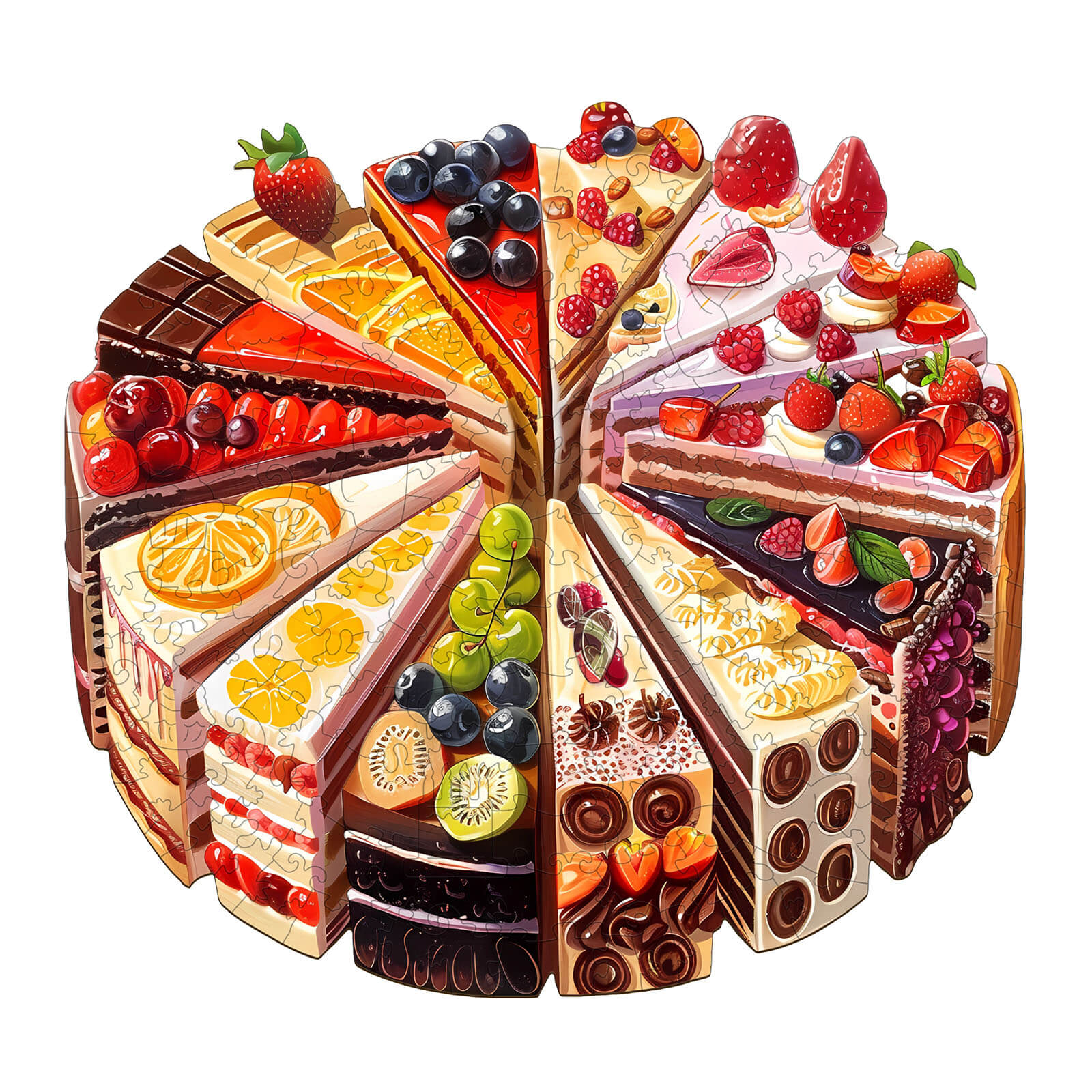 Delicious Cake wooden jigsaw puzzle featuring a colorful assortment of cake slices, perfect for mental focus and cognitive fun.