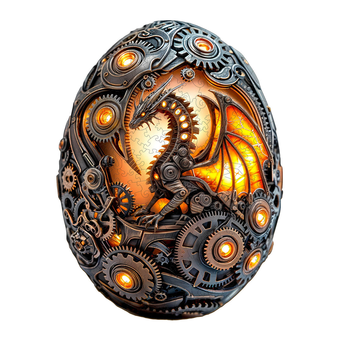Intricate Mechanical Dragon Egg wooden jigsaw puzzle featuring gears and glowing details for mind games and focus.