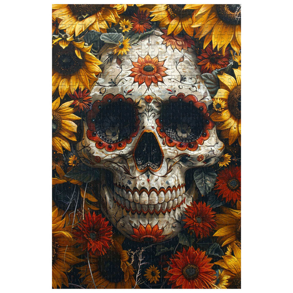 Colorful Halloween skull puzzle surrounded by sunflowers, perfect for jigsaw puzzle enthusiasts and brain games.