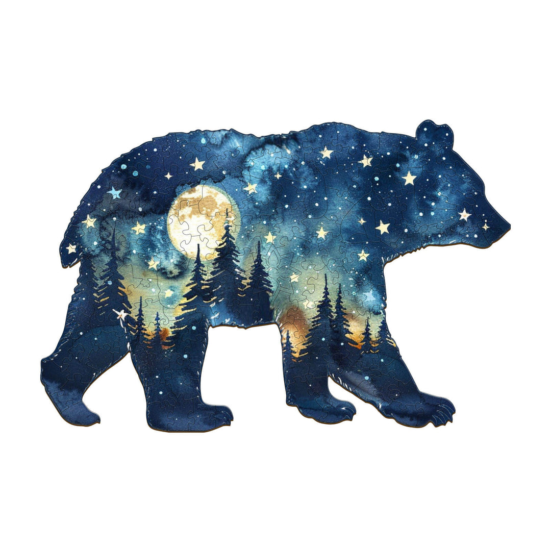 Astral Bear wooden jigsaw puzzle featuring a night sky design with stars and trees, perfect for enhancing focus and smart play.