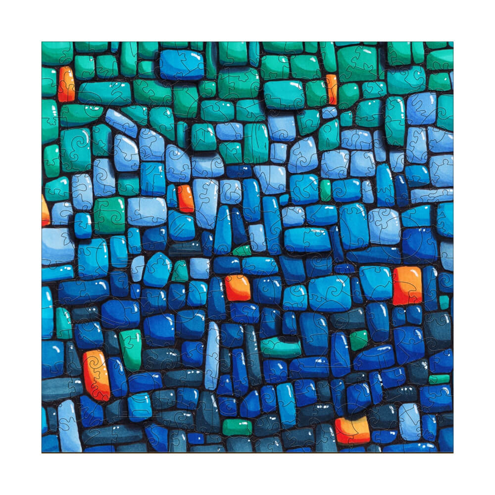 Colorful abstract artwork featuring blue and green mosaic patterns by artist Erin Desjardine, perfect for artistic inspiration.