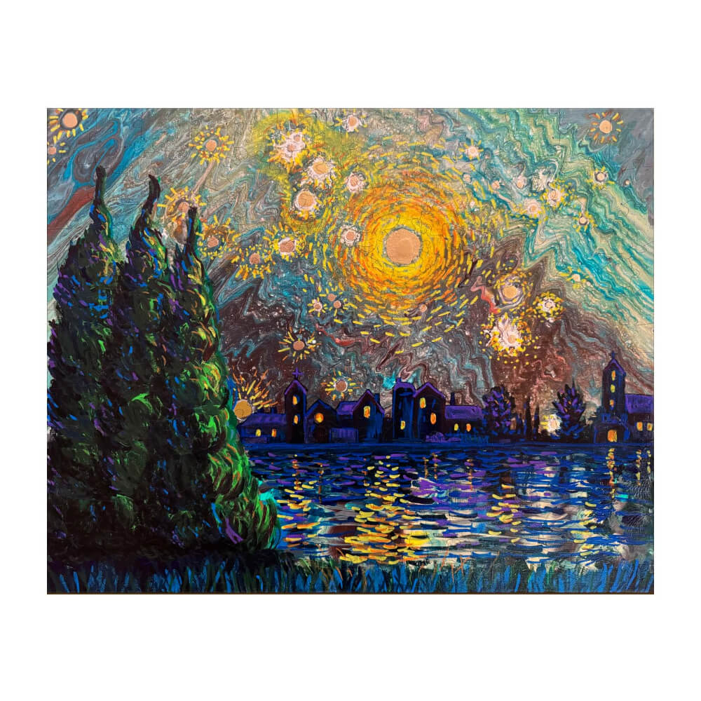 Starry Night artwork by Nicholas John VARDAXIS, featuring a vibrant night sky, trees, and a reflective lake.