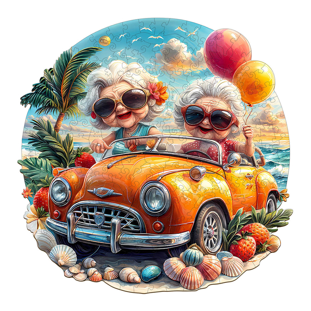 Two joyful grandmas in sunglasses driving an orange convertible car on a beach, surrounded by fruits and seashells.