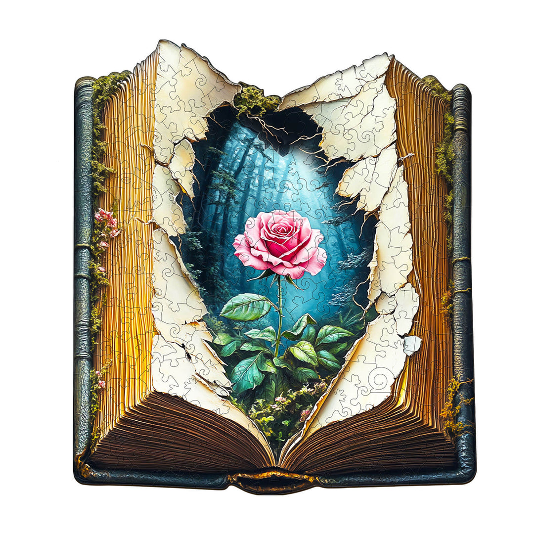 Blooming Story wooden jigsaw puzzle featuring an open book with a rose and a forest background.