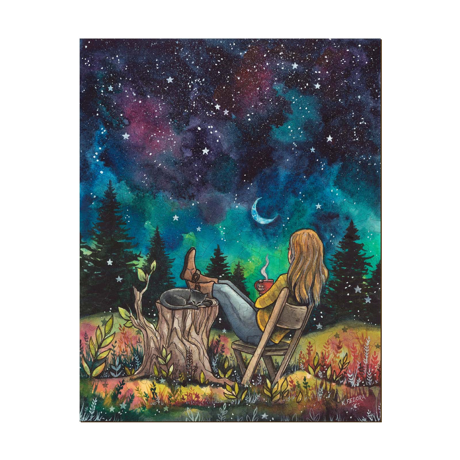 With The Stars artwork by Kathryn Fedora, featuring a serene scene of a woman enjoying the night sky and nature.