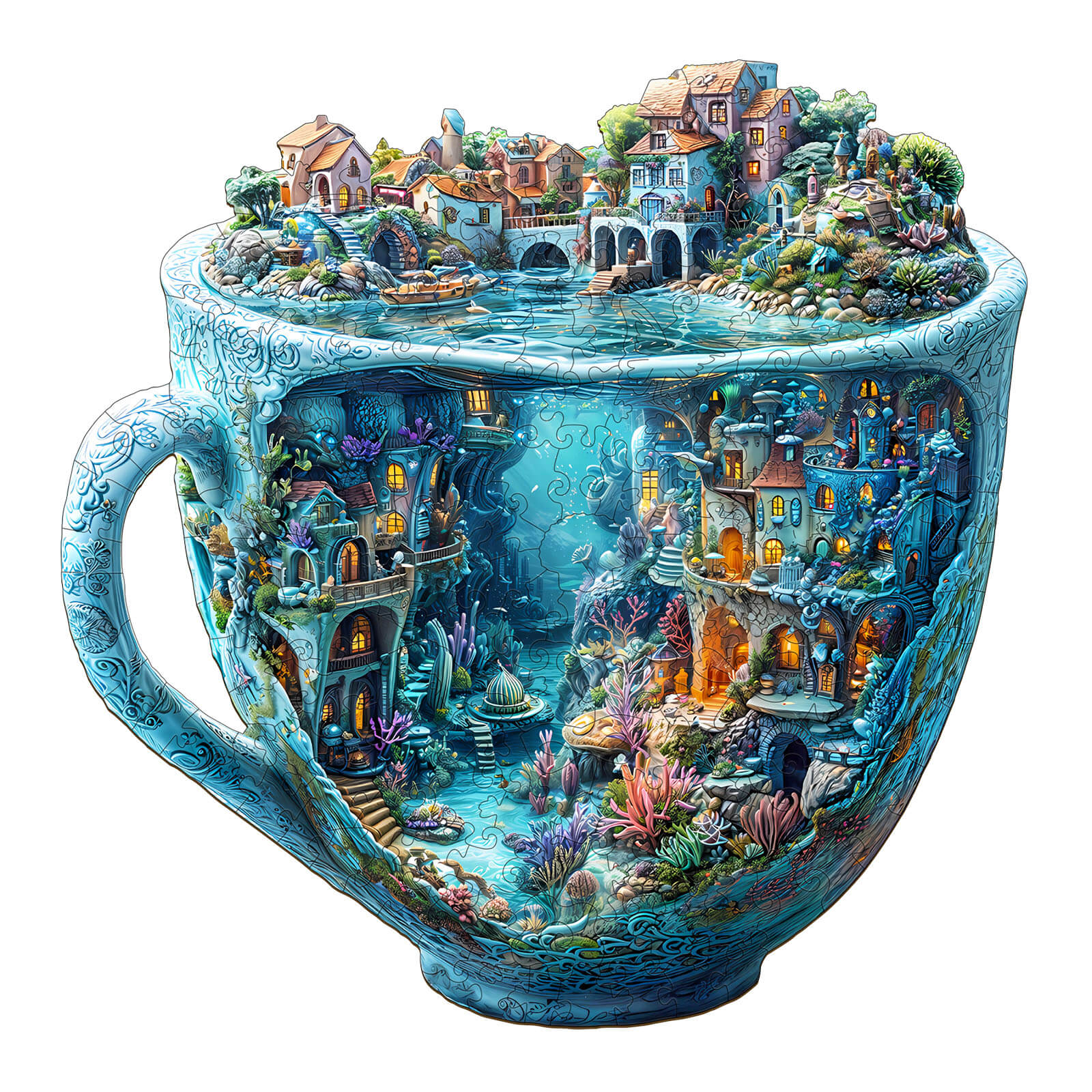3D Ocean Mug Wooden Jigsaw Puzzle featuring a vibrant underwater city inside a decorative mug.