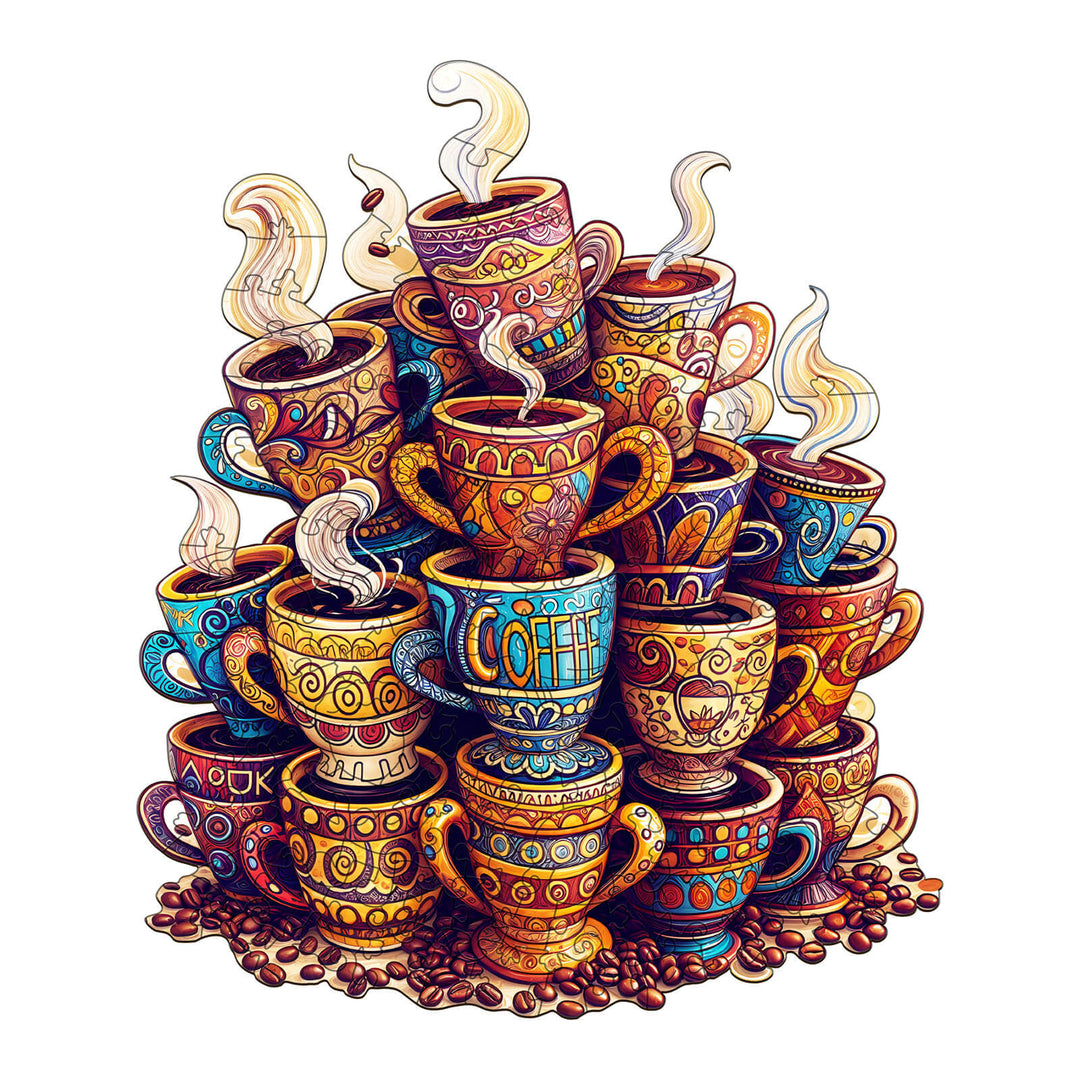 Colorful stack of coffee cups with steam, perfect for coffee lovers and puzzle enthusiasts in the Coffee Dreams jigsaw puzzle.