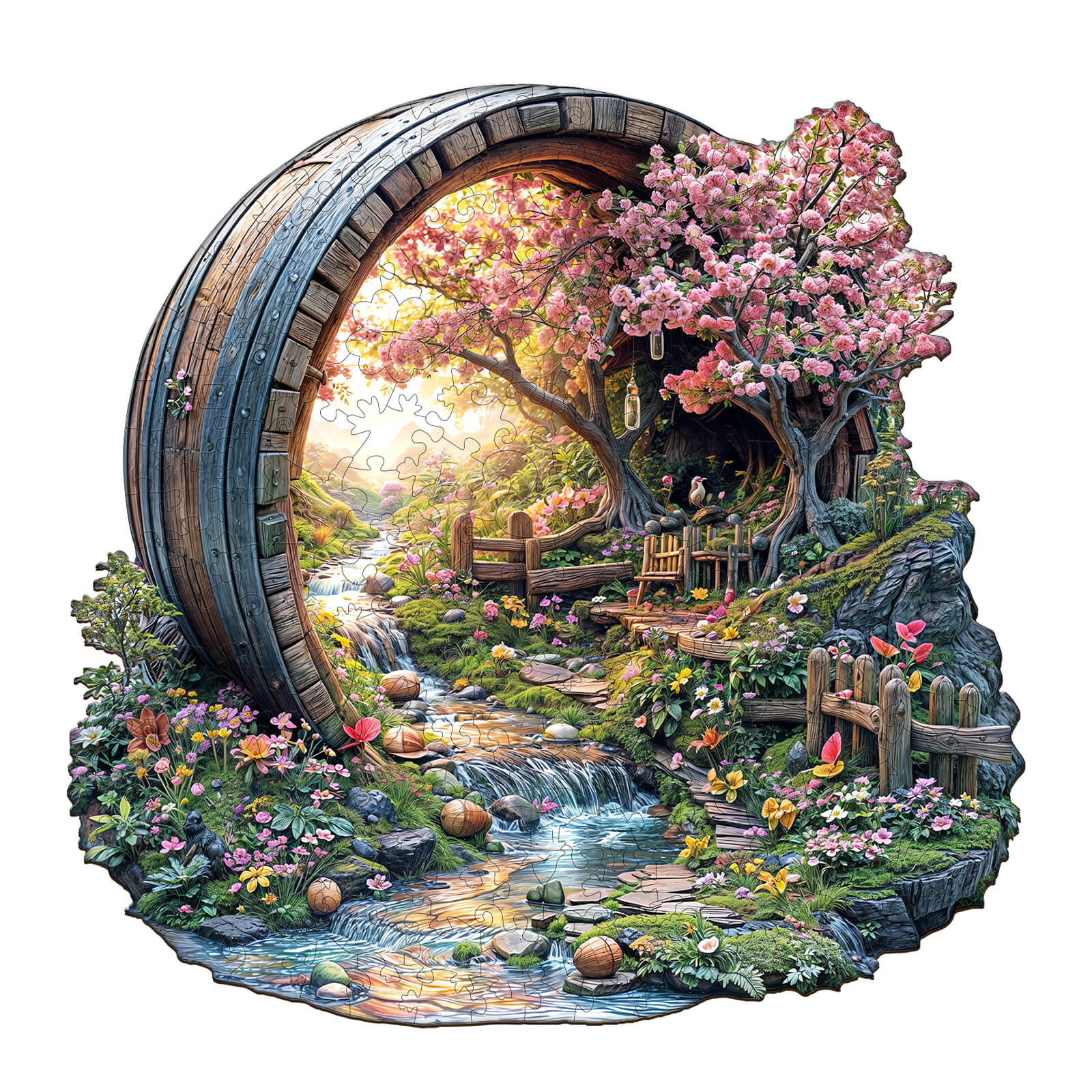 Barrel of Spring wooden jigsaw puzzle featuring a scenic landscape with blooming flowers and a flowing stream.