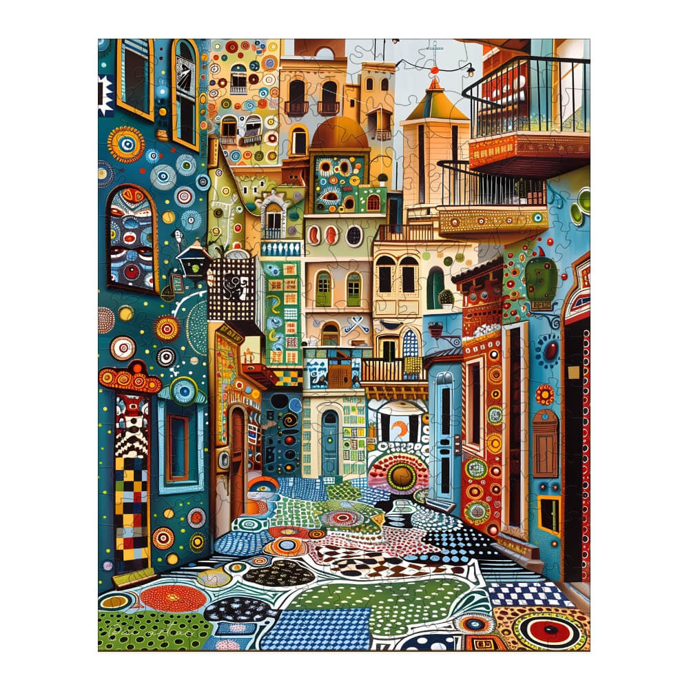 Colorful street art by Pietro Gallo, featuring vibrant patterns and architecture, perfect for artistic inspiration.