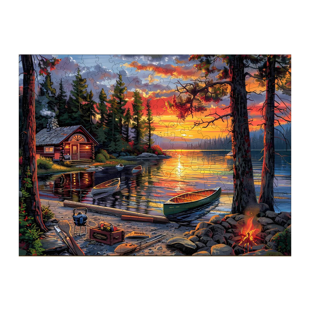 Canoe Lake-1 wooden jigsaw puzzle featuring a scenic sunset over a tranquil lake with a cabin and canoes.