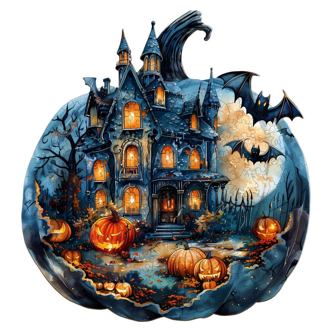 Halloween Pumpkin Jigsaw Puzzle featuring a haunted house, bats, and spooky pumpkins, perfect for mind games and focus.