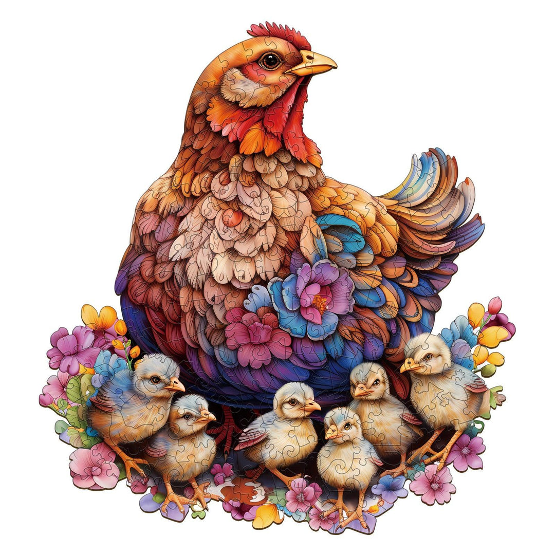 Colorful wooden jigsaw puzzle featuring a hen and her chicks surrounded by vibrant flowers.