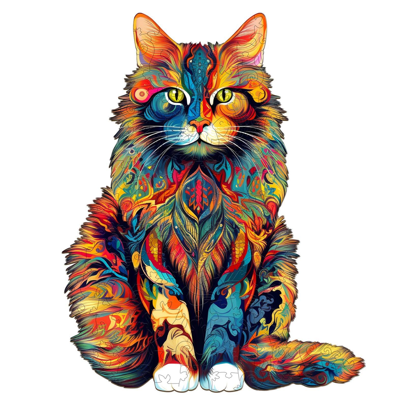Vibrantly colored Maine Coon cat jigsaw puzzle featuring unique shapes and intricate floral designs.