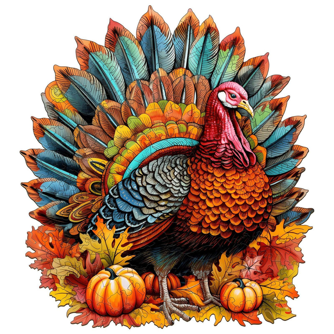 Colorful turkey wooden jigsaw puzzle featuring vibrant feathers and autumn leaves with pumpkins.