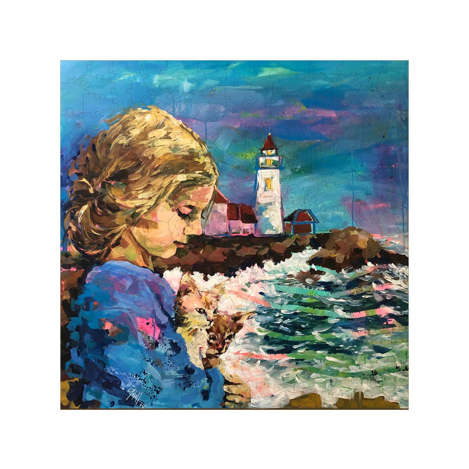 Colorful painting of a girl holding a cat by the sea with a lighthouse in the background, by artist Arlet Gomez.