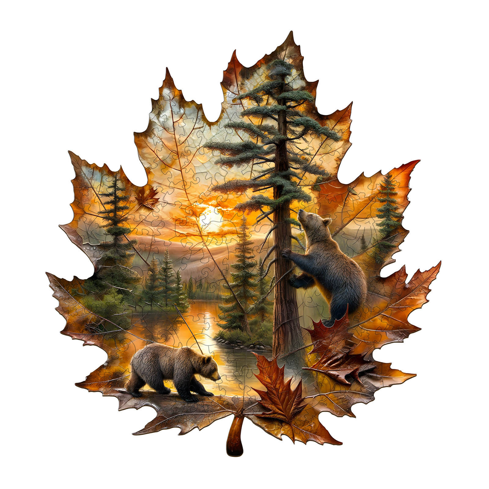Brown Bear Autumn Wooden Jigsaw Puzzle shaped like a maple leaf, featuring bears and a sunset in a forest.