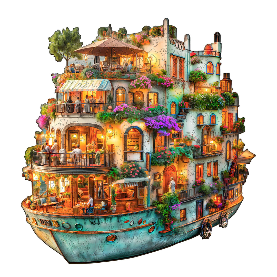 Voyage Garden Wooden Jigsaw Puzzle featuring a beautifully lit boat filled with flowers and cozy balconies.