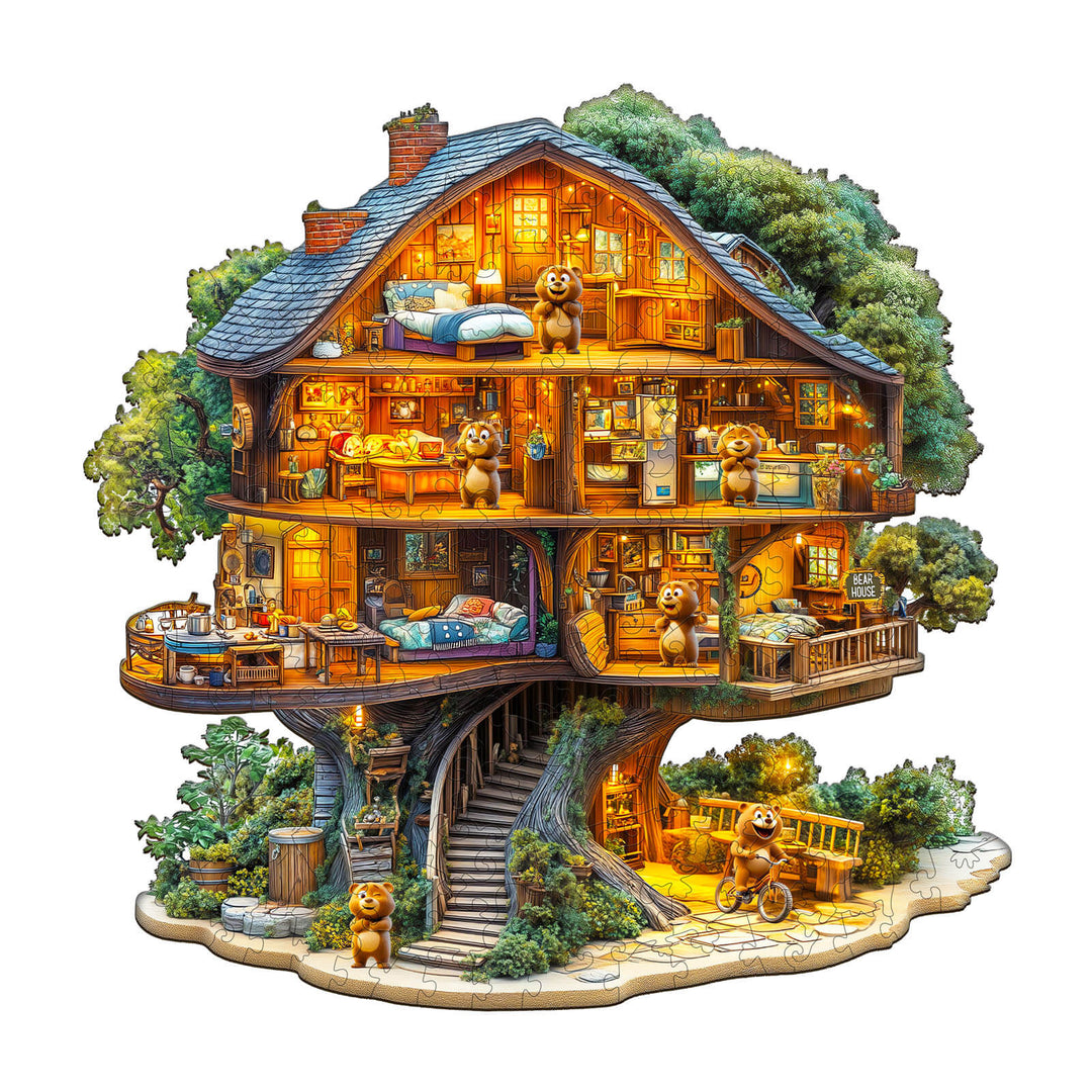 Wooden Bear House jigsaw puzzle, featuring a charming treehouse scene with bears, designed for enhancing focus and cognitive skills.
