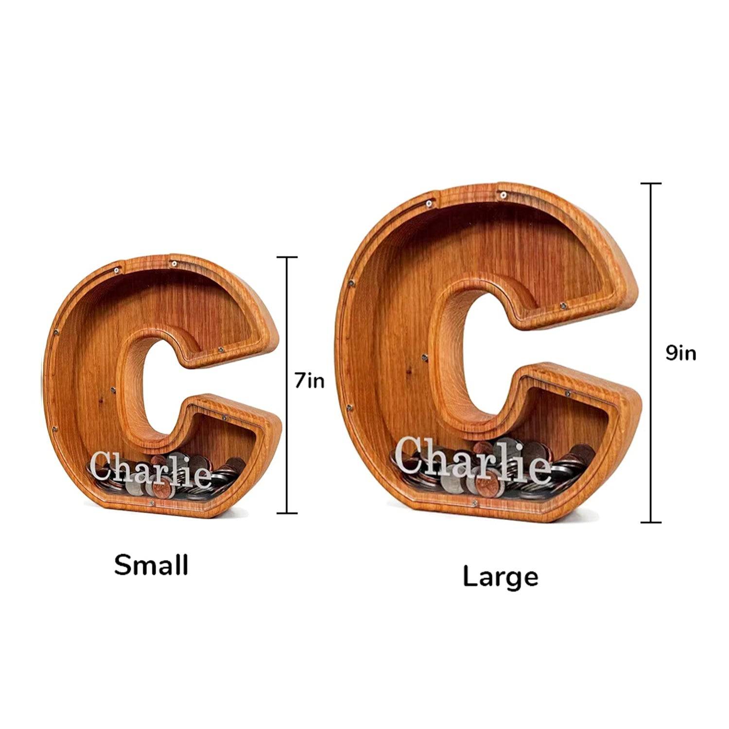Personalized wooden letter 'C' piggy banks for kids in small and large sizes to teach financial awareness.