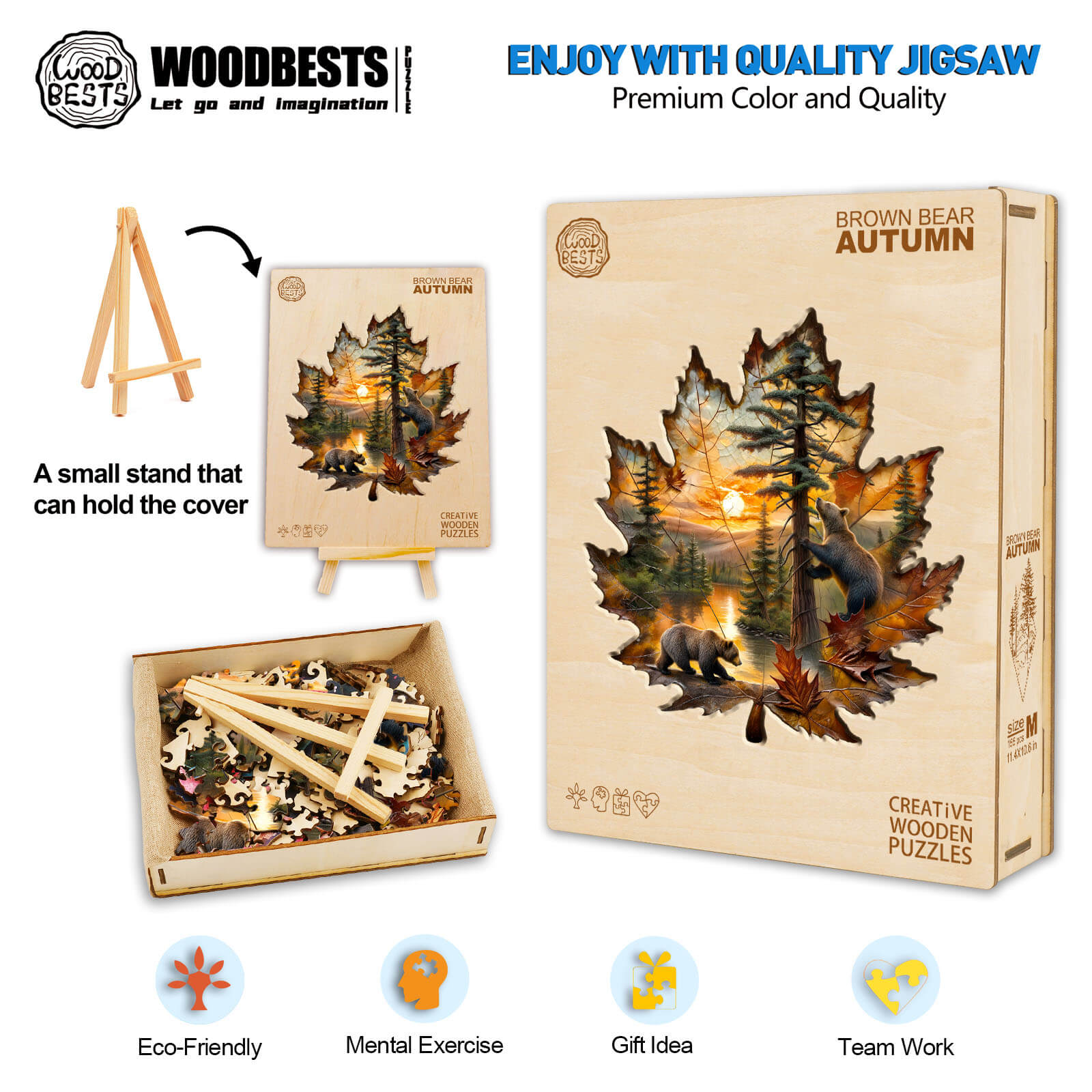 Brown Bear Autumn Wooden Jigsaw Puzzle with eco-friendly materials and autumn leaf design on a light wood background.