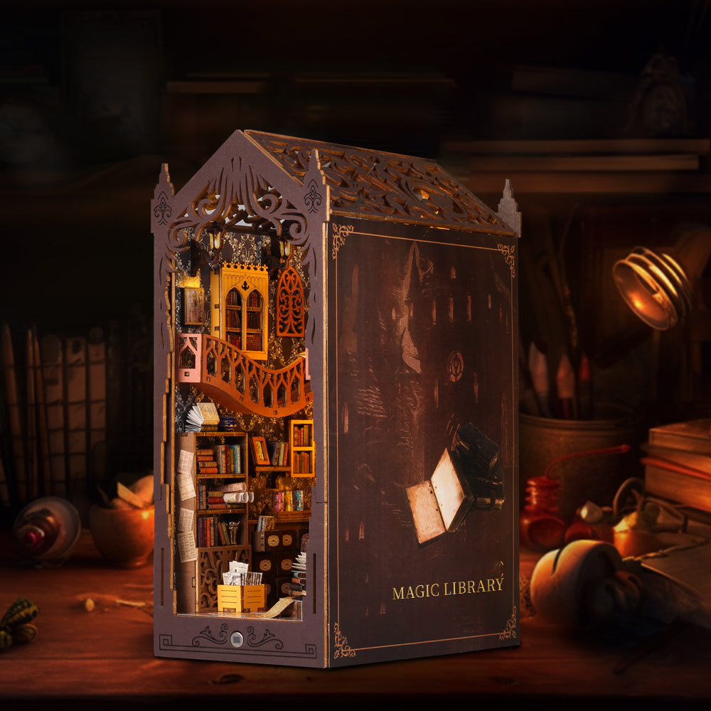 Magic House DIY Book Nook Kit featuring a detailed 3D wooden puzzle of a cozy magic library interior.
