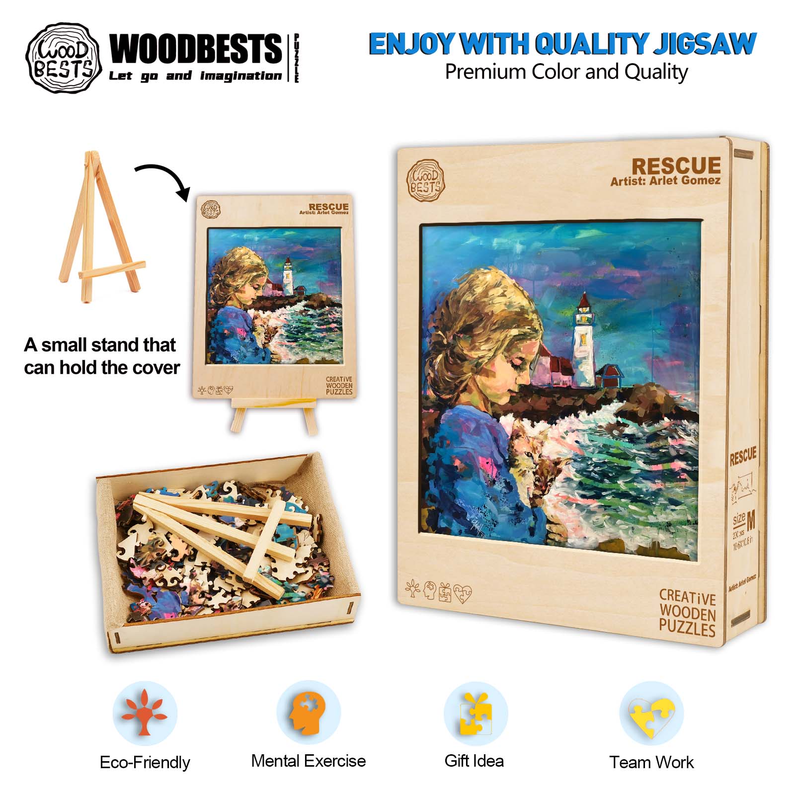 Rescue jigsaw puzzle by Arlet Gomez, eco-friendly design for mental exercise and teamwork.
