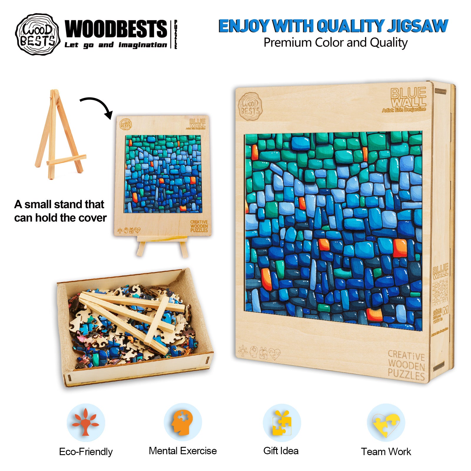 Blue Wall jigsaw puzzle by Erin Desjardine with colorful wooden pieces in eco-friendly packaging.