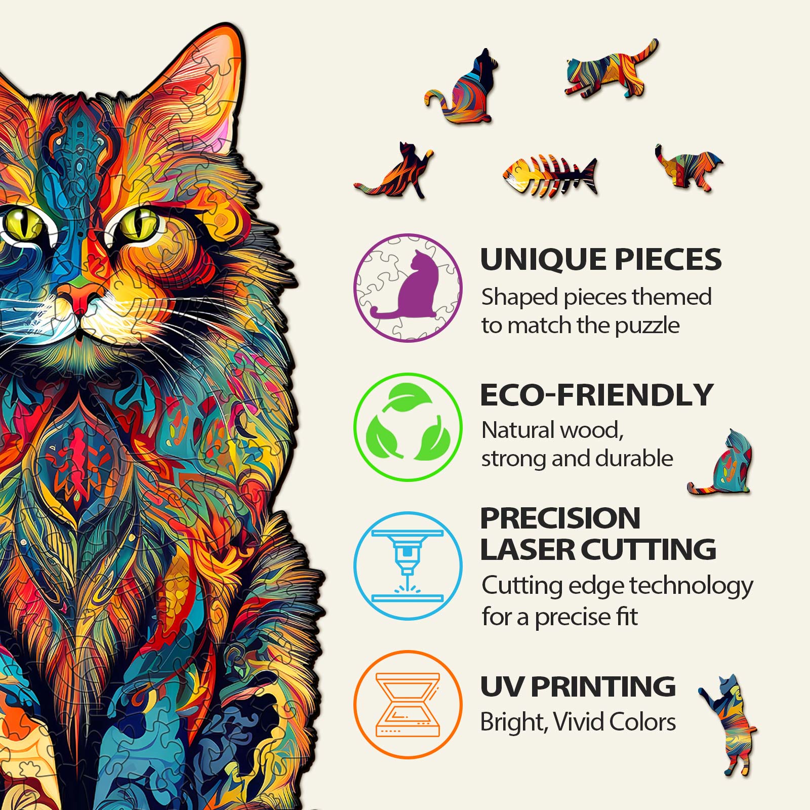 Colorful Maine Coon wooden jigsaw puzzle featuring unique eco-friendly pieces and precision laser cutting.