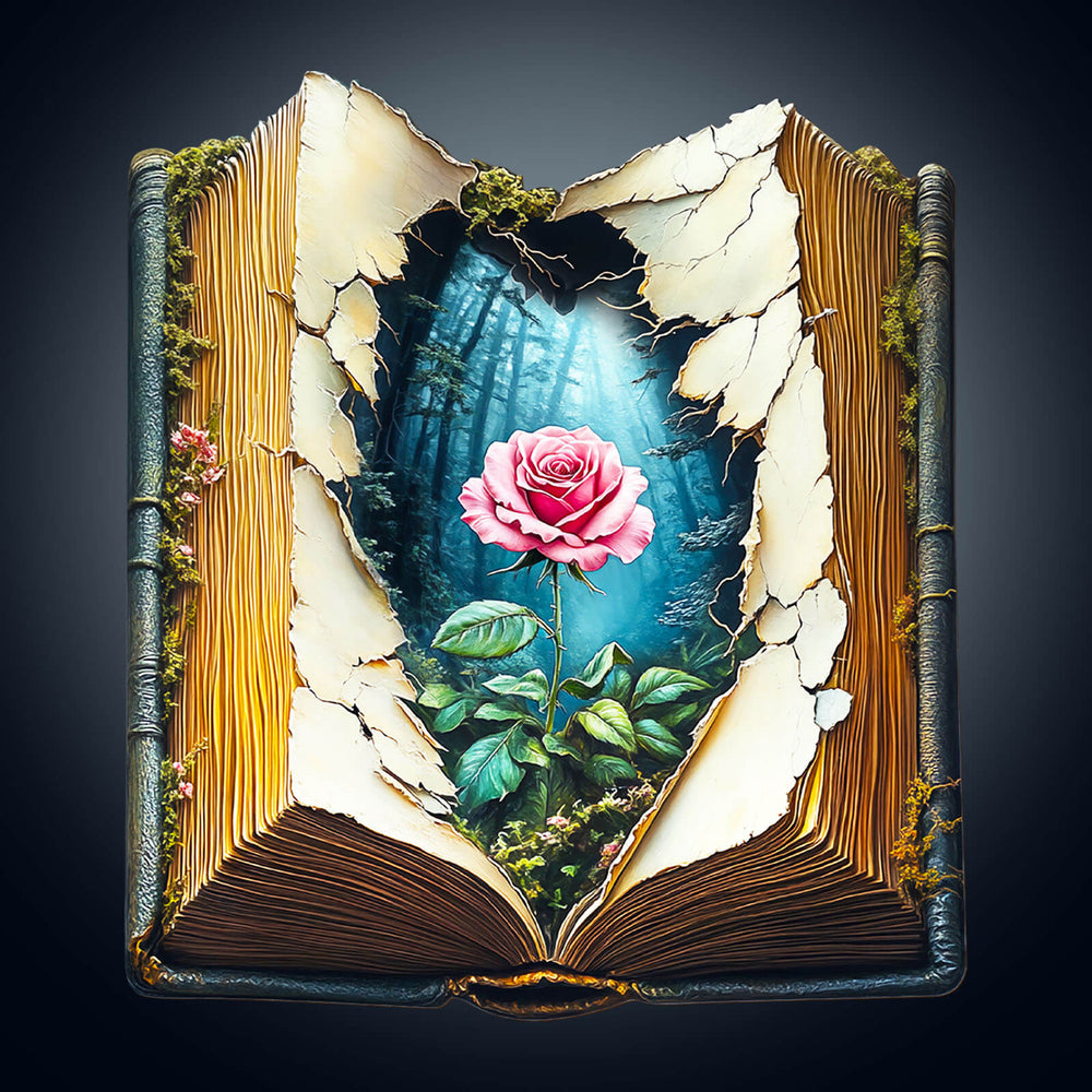 A beautifully illustrated open book revealing a pink rose in a mystical forest, symbolizing creativity and imagination.