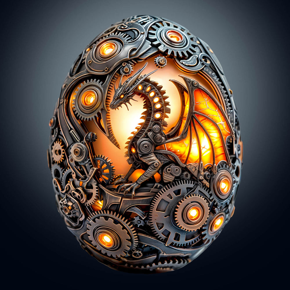 Mechanical Dragon Egg wooden jigsaw puzzle featuring intricate gears and glowing lights, ideal for puzzle enthusiasts.