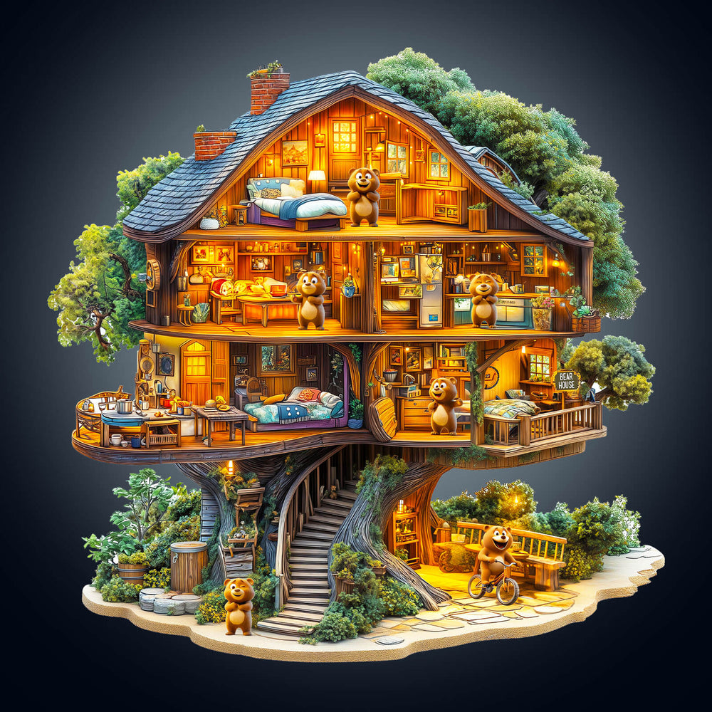 Colorful Bear House wooden jigsaw puzzle showcasing an intricate treehouse scene with bear characters.
