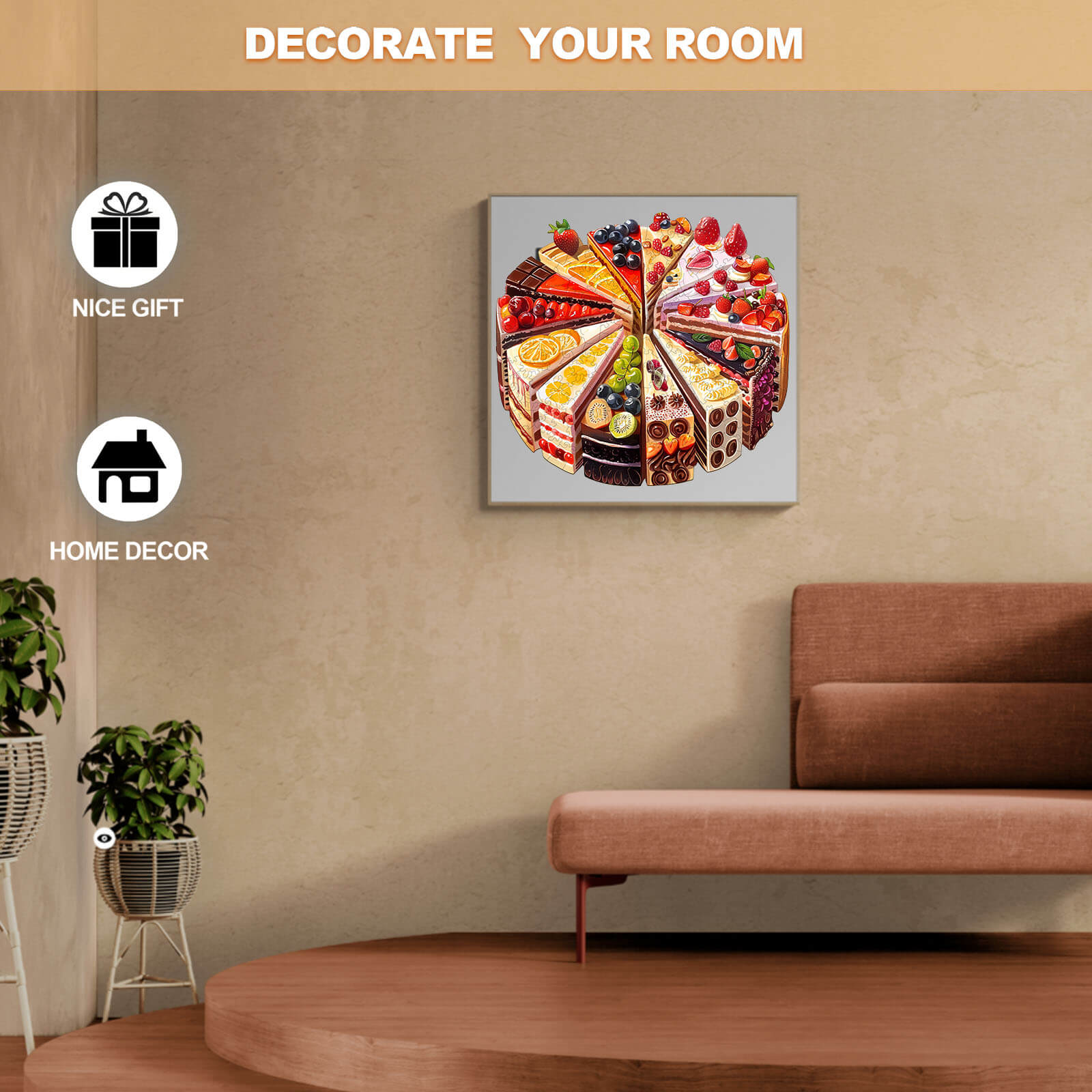 Delicious Cake Wooden Jigsaw Puzzle for home decor, a perfect gift to enhance your room and stimulate focus and creativity.
