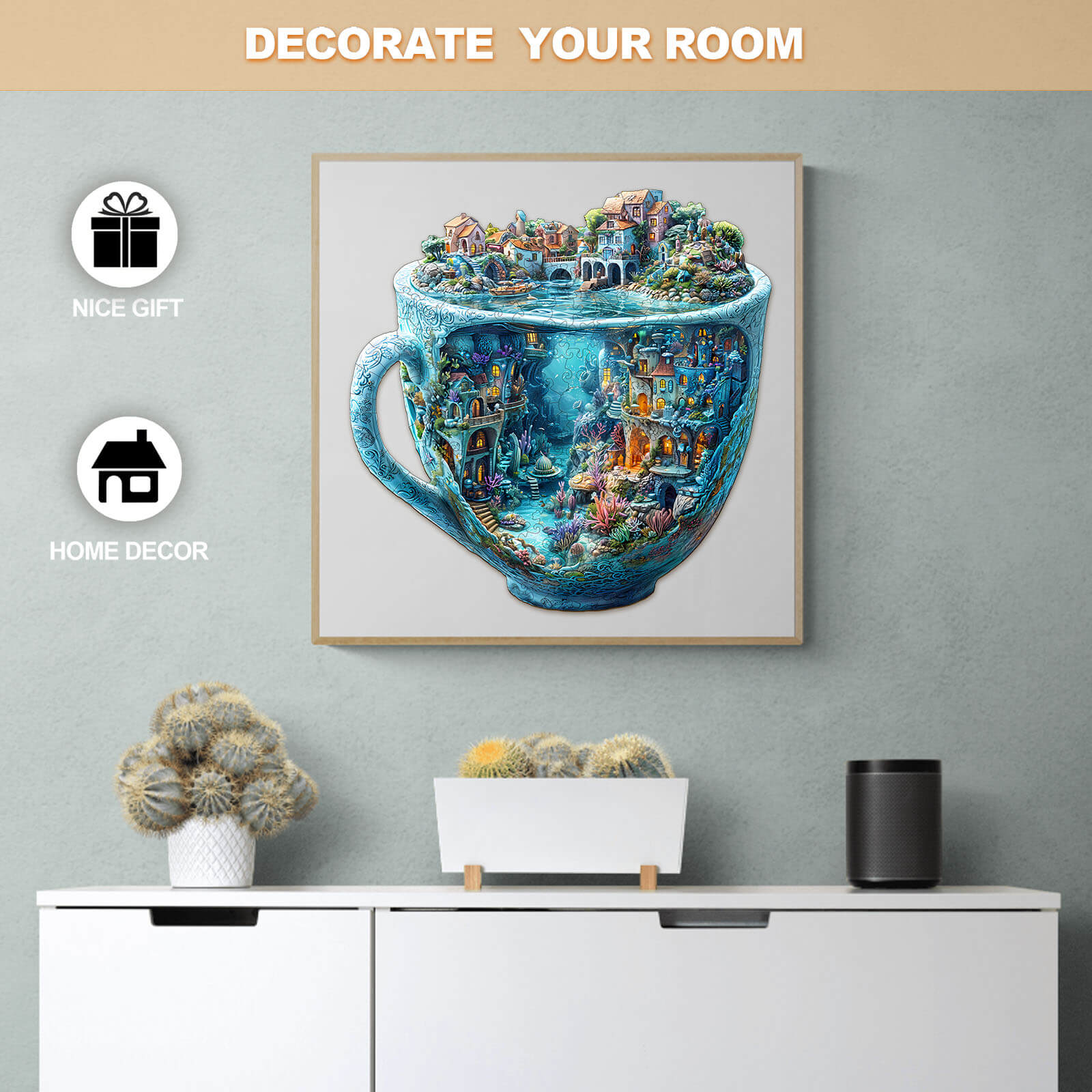 3D Ocean Mug Wooden Jigsaw Puzzle displayed as home decor, showcasing vibrant underwater architecture.