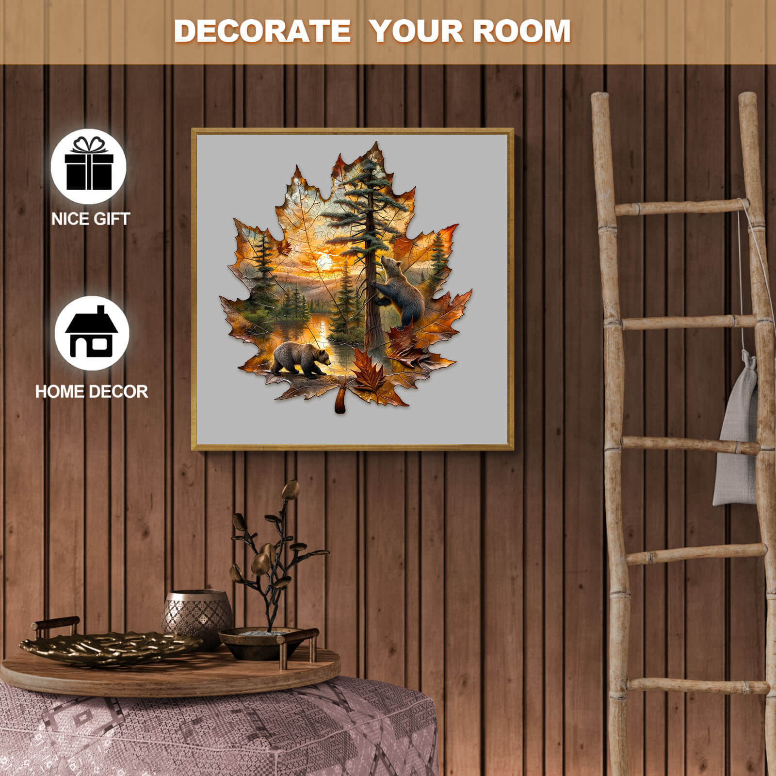 Autumn-themed jigsaw puzzle of brown bears within a maple leaf design, perfect for home decor and gifts.