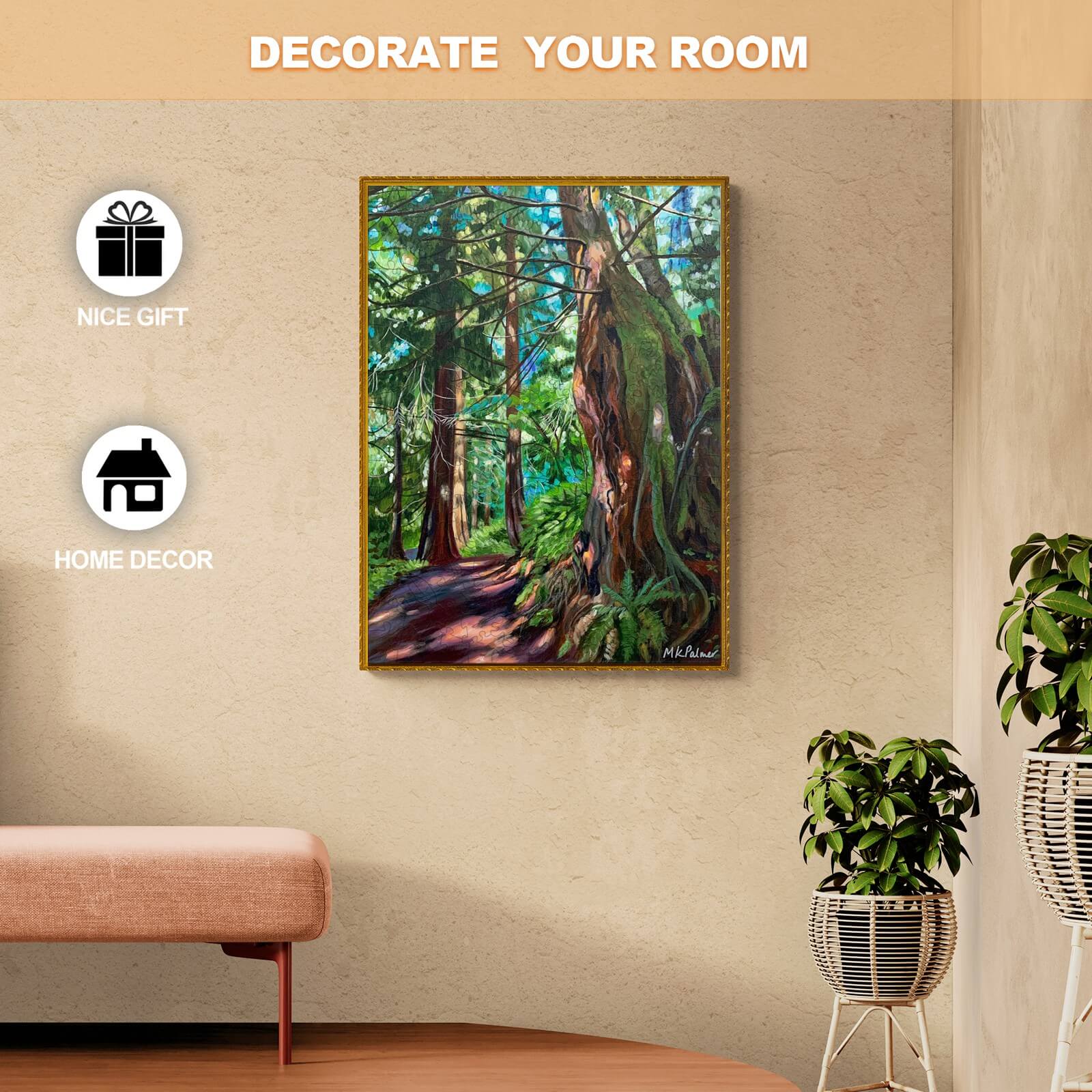 Dappled and Gnarly artwork by Marianne K Palmer, enhancing home decor with vibrant forest scene.