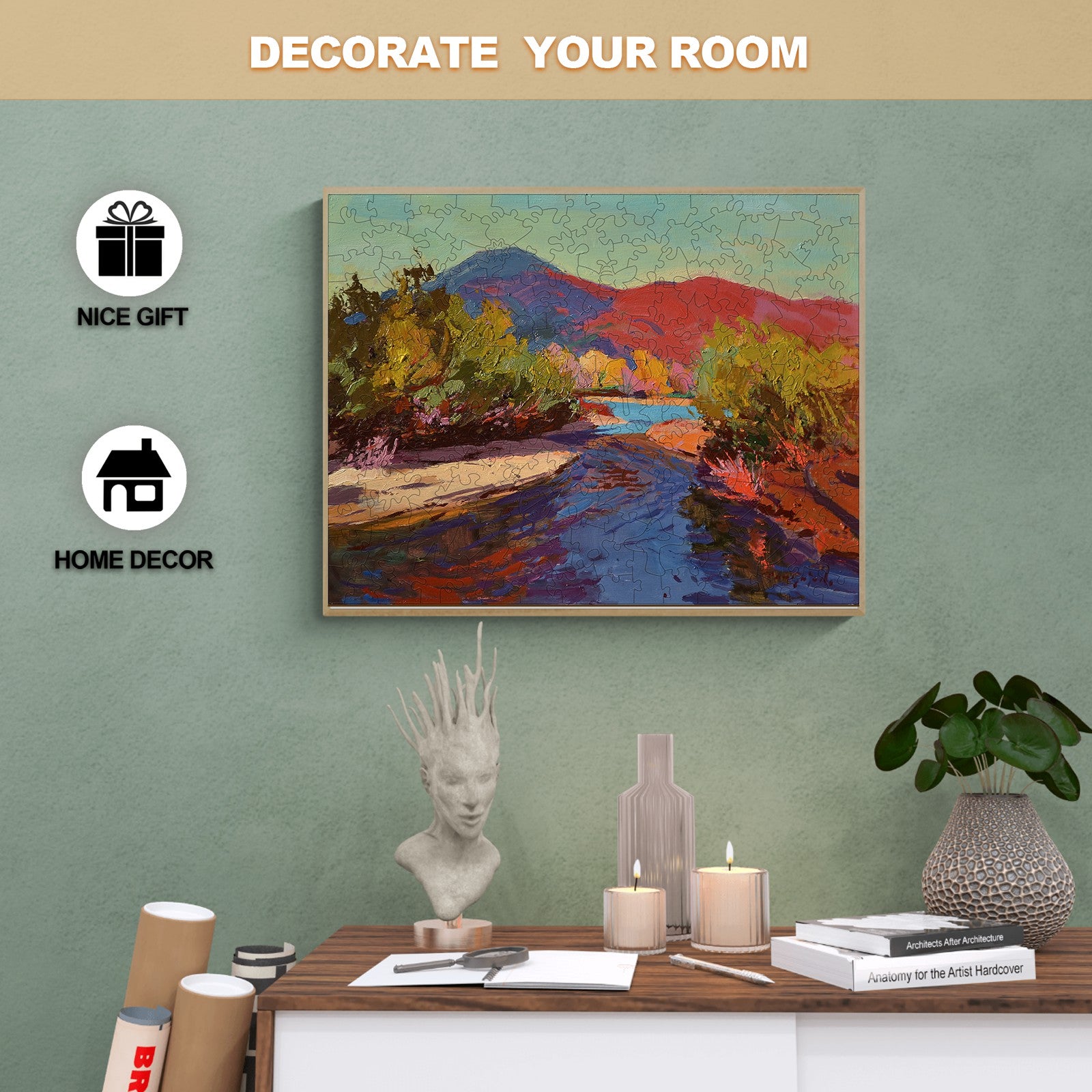 Decorative artwork 'Evening' by Alexander Shandor, ideal for home decor or gifting, showcasing colorful landscapes.