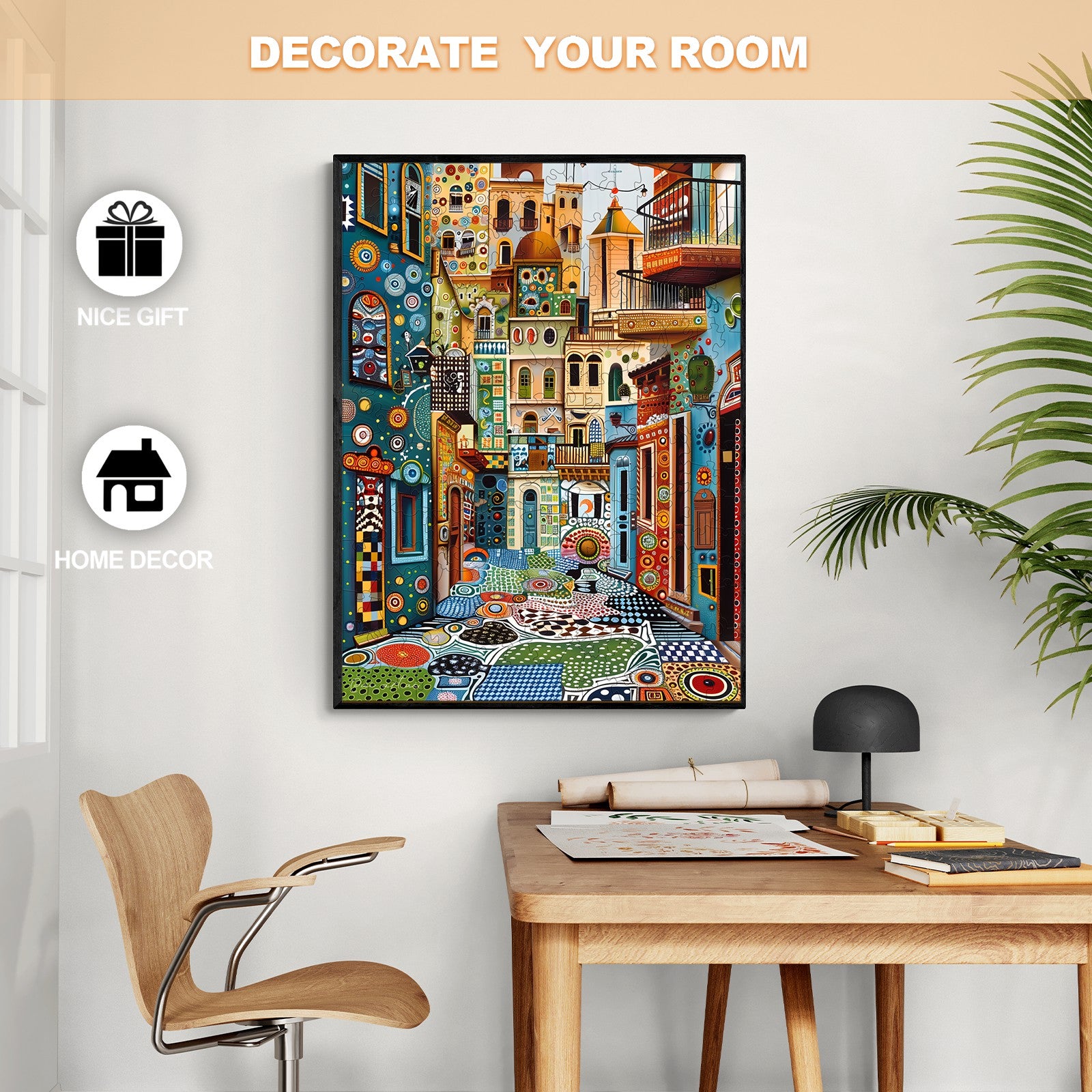 Colorful wall art featuring a vibrant street scene, perfect for home decor and a nice gift.