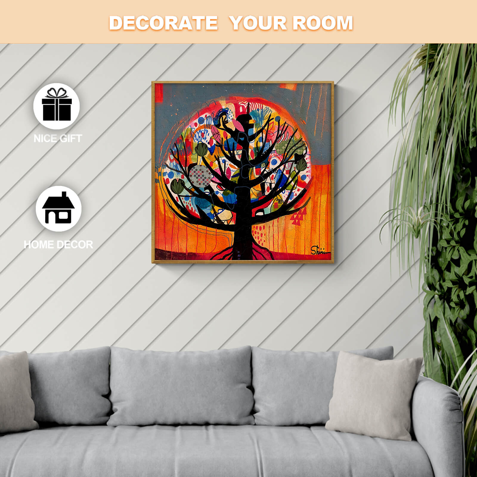 Colorful tree artwork by Shirin Moarefi, perfect for home decor and a thoughtful gift.