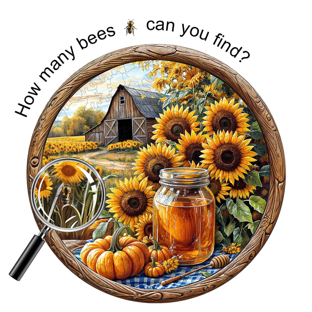 SEEK AND FIND BEES puzzle with sunflowers, barn, and honey jar. Engage in a fun brain-teasing jigsaw experience.