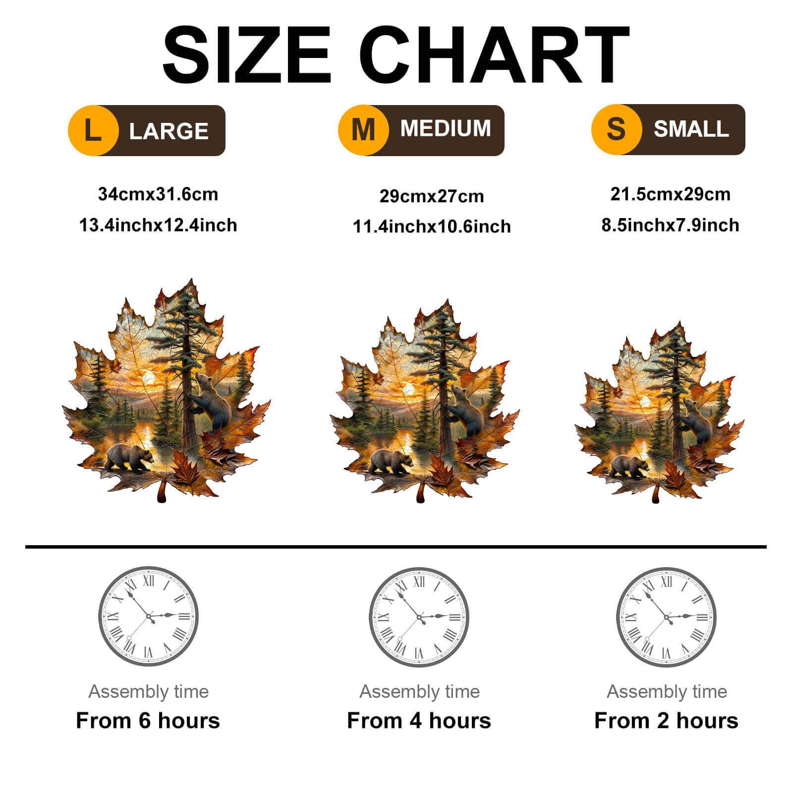 Size chart for Brown Bear Autumn Wooden Jigsaw Puzzle showing dimensions and assembly times.