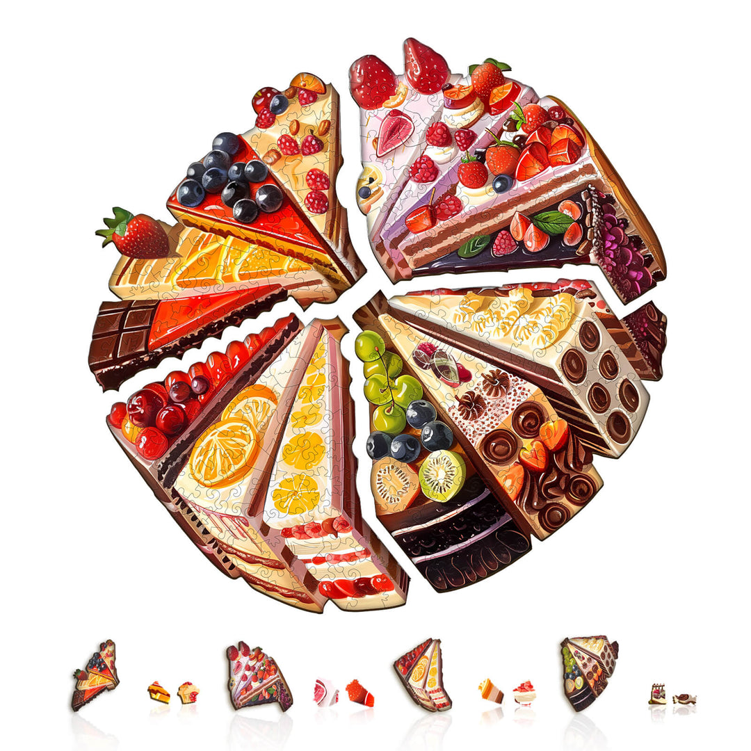 Colorful jigsaw puzzle of delicious cake slices featuring various fruits and chocolate, ideal for puzzle lovers.